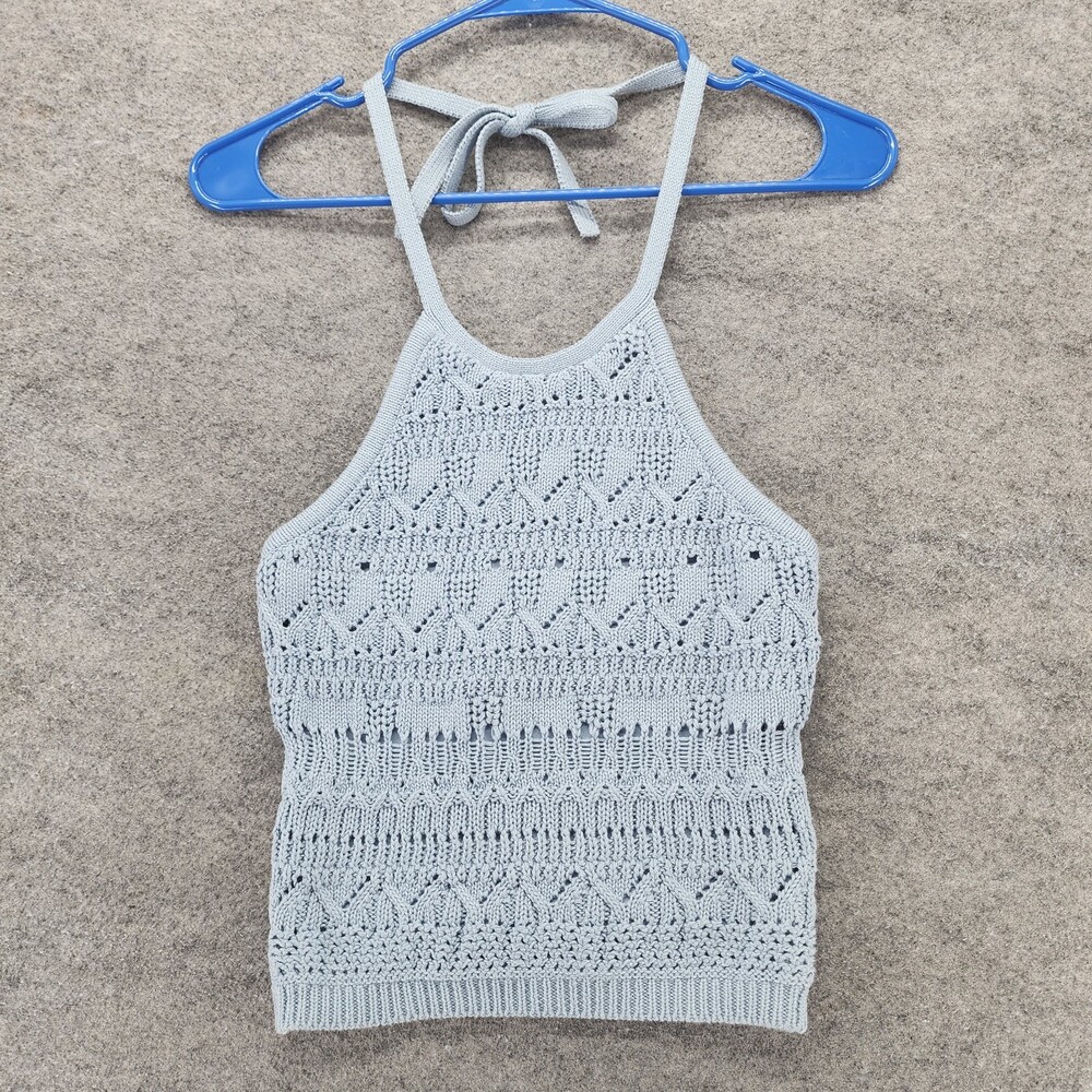 Sky Sparrow Crop Top Womens Juniors Small Halter Blue Crochet